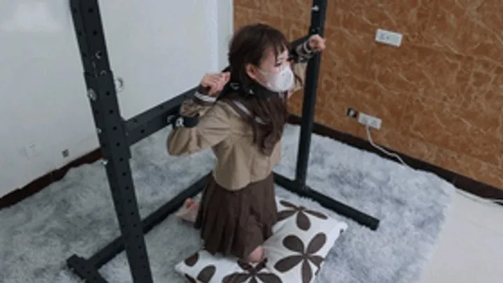Chinese Bondage Foot Fetish - xy326-A petite girl in white stockings is restrained by a metal bracket