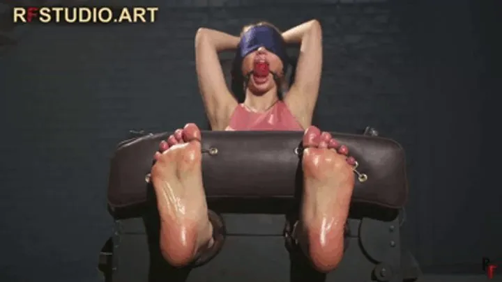 Rf Studio Production - Guzel in Stocks - Oiled Bare Soles Tickled and Ballgagged by Two Ticklers (FULL HD MP4)