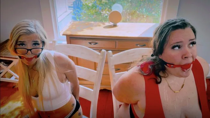Peachy Keen Pleasures - No Way Out For Two Roommates Bound & Gagged By Home Intruder (4K) - Celia Ray & Phoenix Sinz - two girl, tape bondage, bra, panties, barefoot, chair tied, ballgagged, drooling