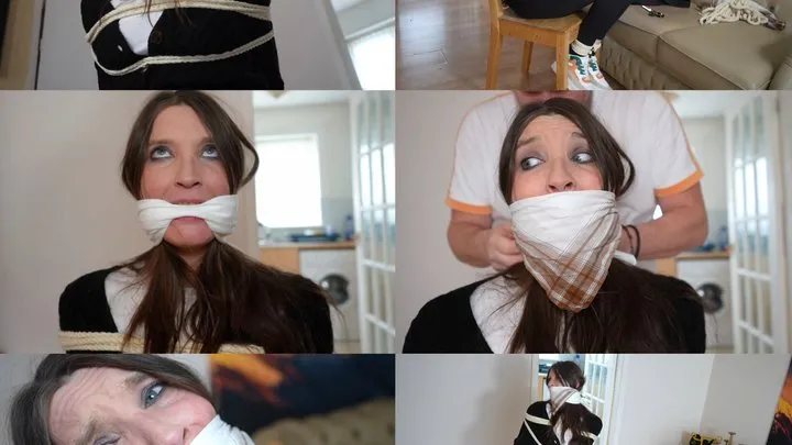 Muffled Screams - Claire chair tied and multi handkerchief gagged in her wool cardigan (wmv)