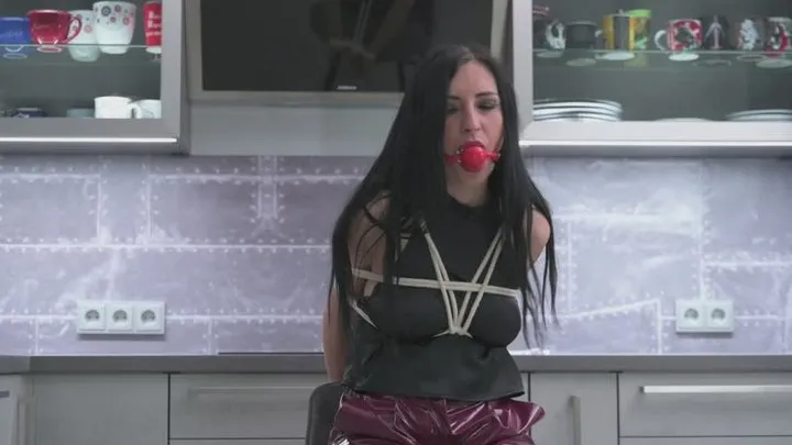 Real Rainwearbondage - Miss Amira in sexy vinyl pants is bound and gagged (gagging scenes)