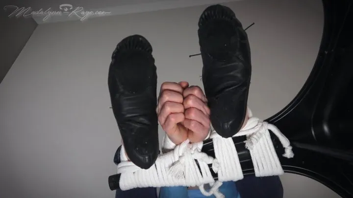 Madalynn Raye's Bondage Studio - Madalynn is chair tied in rope bondage with her leather ballet slippers on display WMV