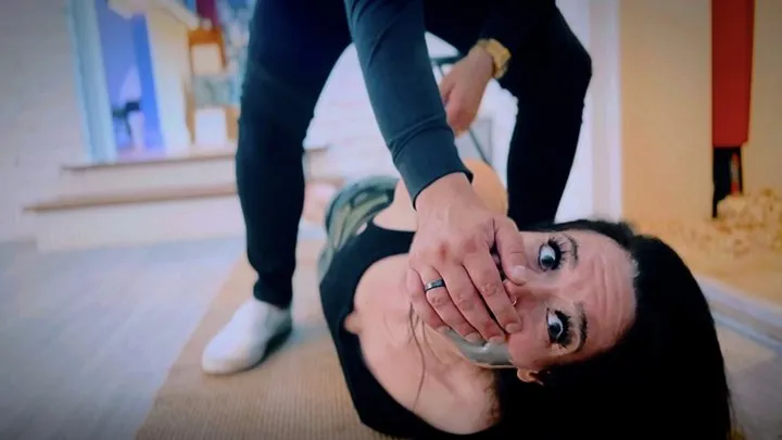 Peachy Keen Pleasures - Hot Water - Jasmin Jai - housewife, captured, restrained, yoga pants, tank top, handcuffed, barefoot, duct tape, tape bondage, tape gagged, intruder