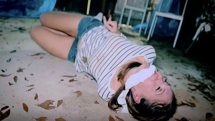 Peachy Keen Pleasures - True Detective - Rachel Adams - detective, jean shorts, white sneakers, snooping, hand over mouth, handgag, rope, restrained, cleave gagged, dirty, disheveled, calling for help, captive