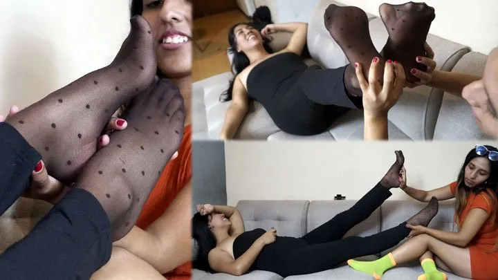 Mylatinfeet - Exciting tickles and splaps on super sensitive Paola nylon feet, Katrina in action!
