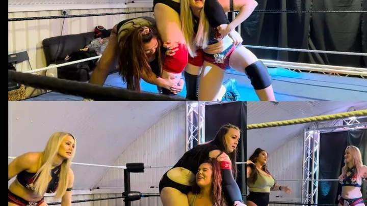 Power Girls Pro Wrestling - Blonde and brunette struggle to lift giantess