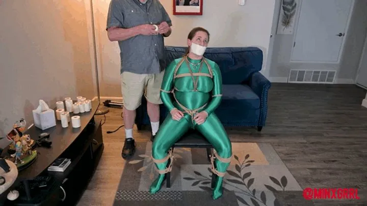 Minx Grrl's Fetish Corner - Super heroine Vibed In Head Encasement Bondage - Minx and Cinched (MP4 Format)
