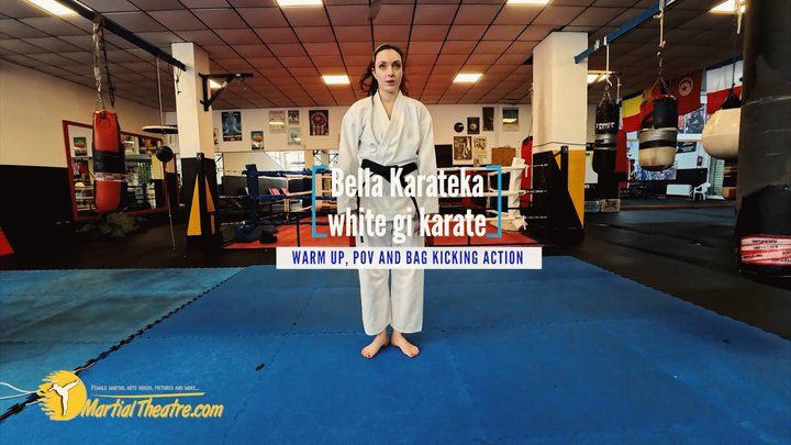 Martial Fetish - Bella Karateka white gi karate warm up, POV and bag kicking action