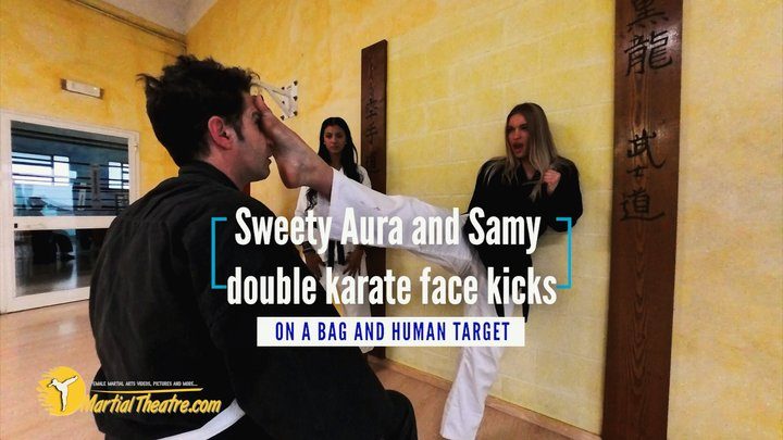 Martial Fetish - Sweety Aura & Samy double karate face kicks on a bag and human target