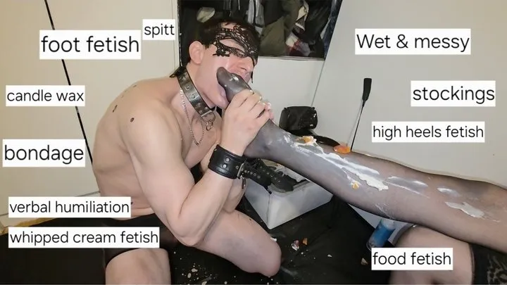 Wolfy01 - Very hot fetish session with Mistress GospodaricaEmma and sub Wolfy01 (foot fetish, food fetish, trampling and foot smother, spitt, whipped cream fetish, candle wax, bondage, human furniture, verbal humiliation, high heels fetish, stockings)