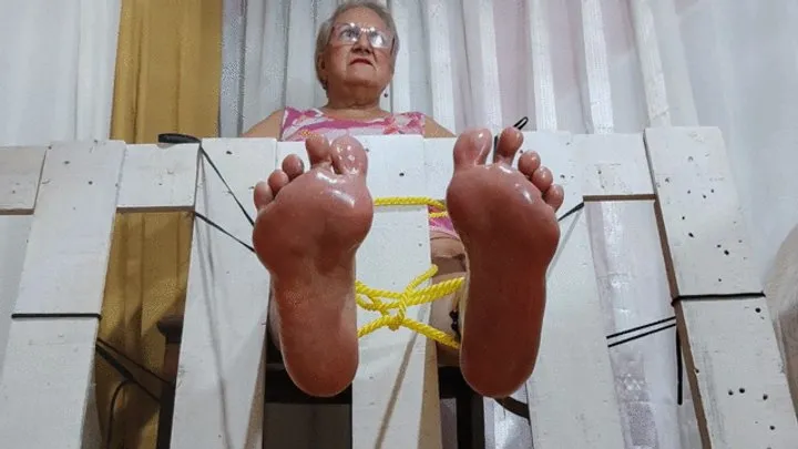 Goddess Foot Fetish - This woman is tied up with rope to tickle her feet (1)