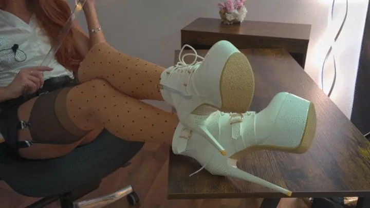 Dominant Femine - Teacher Sophia In White Boots And RHT Dots Stockings Folds The Student To Stay After Class Because He Was Looking At Her Legs - MIX - Polish Language - 4K