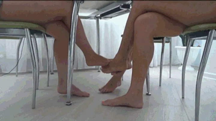 Not An Angel - Footsie barefoot of 3 pairs beautiful legs under table Fs