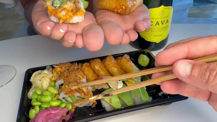 My Store 409835 - Foot fetish with beautiful small cute soft bare feet enjoying sushi food crush all over the wide short meaty soles - foot fetish at its best