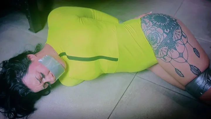 Peachy Keen Pleasures - Amethyst Bound - Amethyst Mars - neon workout gear, white socks, tape bondage, duct tape, tape gagged, struggling, kitchen floor