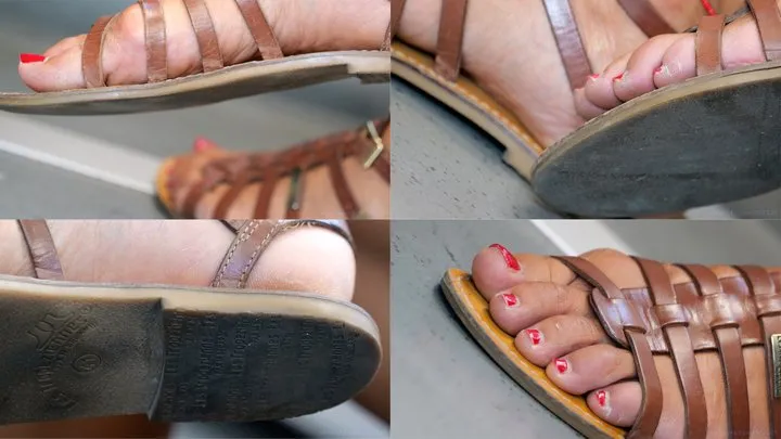 Footworshiplovers - Dirty sandal feet. Foot toenails, soles and heels close-up details.
