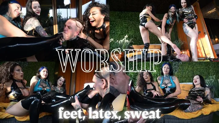 Demoness Luna - Three Queens, one licking slave: latex, sweat & high heels feast (4K)