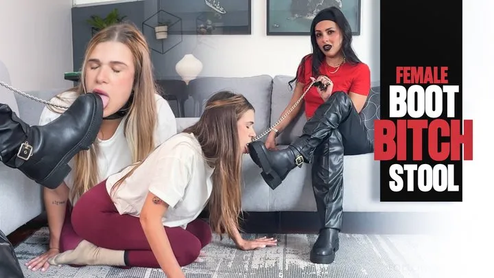Mistress Enola Fetish - Boot worship training female slave - Mistress Enola - Leashed fem sub , boots worship, licking and used as a footstool FullHd