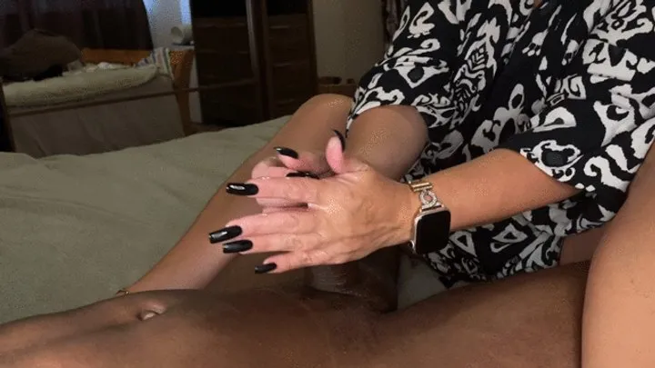 Splendid Heels - Matt black french tips handjob and footjob side view