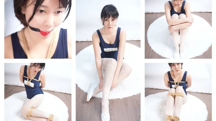 The Dream Of Bondage - ballgag struggling hogtied tickling feet rope bongage tight shibari gymnastics uniform white shoes white stockings