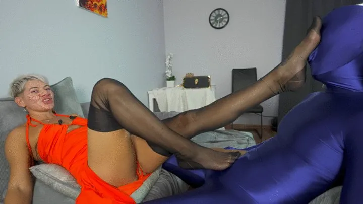 Dominant Femine - Ruslana In Orange Dress Rubs Dick And Balls Man In Zentai - Black Stockings