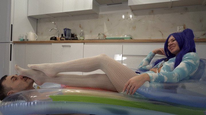 Hd Polish Mistress - Man Under Mattress And Miku Relaxing On Him In White Pantyhose