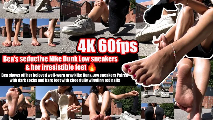 Vr Feet Clips - Eating Girls Clips - 4k 60 fps | Bea presents her old, worn Nike Dunk Low sneakers | Grey | dark, smelly socks and bare feet with wiggling toes and red-painted toenails.