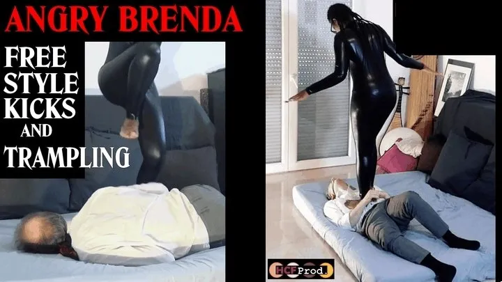 Angry Brenda Hcf Prod - EBONY DOMINA makes FREE STYLE KICKS and TRAMPLING to old white slave (HD)