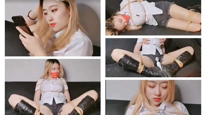 The Dream Of Bondage - C4SHalloween25 baby yoke bind wand vibrator ballgag chains struggling constrain tie hogtied rope bongage tight BDSM Orgasm Gagged Women tapegagged electronic massage stick tall boots combat boots short white blouse white shirt