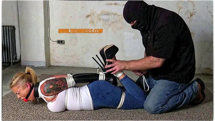 Tied In Heels - Bella Ink Tied Up in Jeans, Leather Opera Gloves and High Heels! HD-WMV