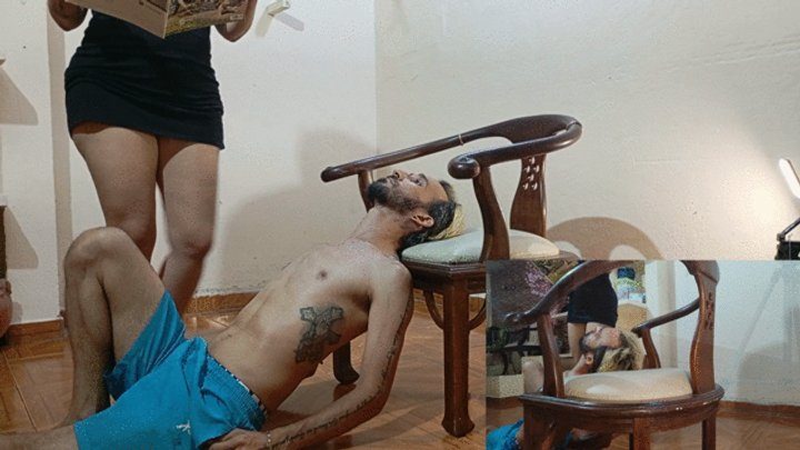Goddess Foot Fetish - She uses the man's face as a reading chair (4)