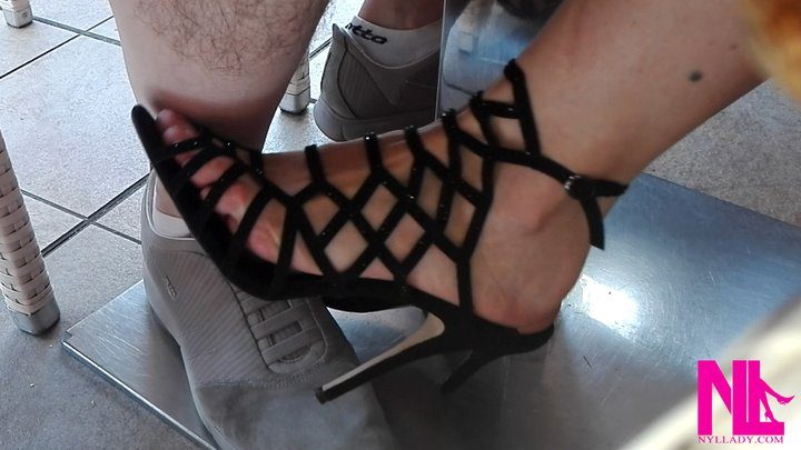 Nylladys Foot Fetish Videos - Footsie under table barefoot in black ancle high sandals