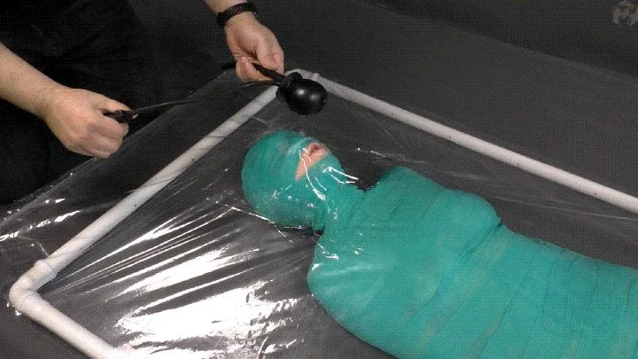 Vacuum Dreams - Mummification bandage vibrator and inflatable gag in a vacuum bed
