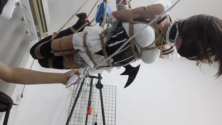 The Mask Man - Cute Maid Femboy in Extreme Suspension Shibari Torment - Frilly Outfit, Black Stockings, High Heels, Rope Hoist & Vibrator Tease During Intense Hanging Struggle