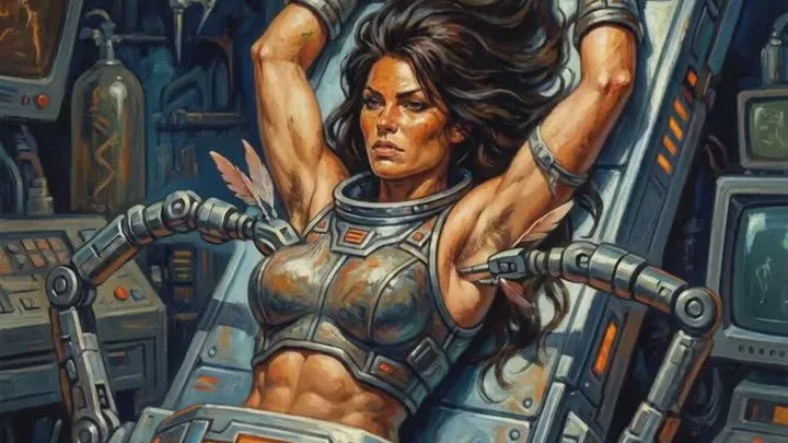 Aaa Armpits - Sexy Science fiction babe has her armpits and breasts tickled and prodded by bondage BDSM robot machine device