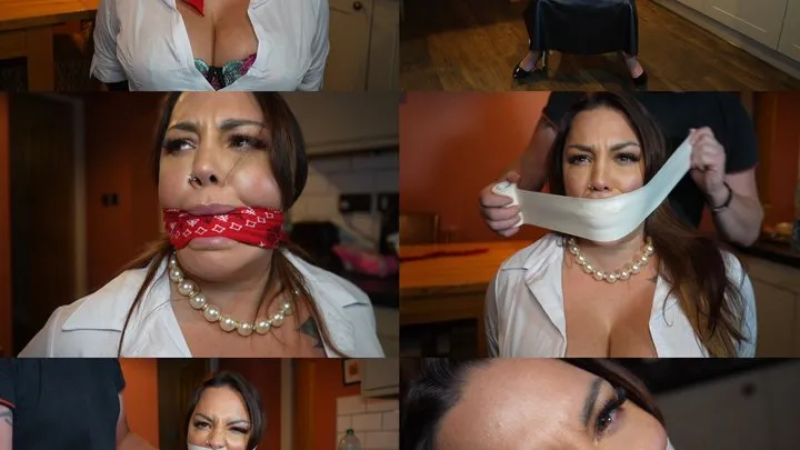 Muffled Screams - Mistress rara curves chair tied, bandana gagged & microfoam tape gagged (mp4)