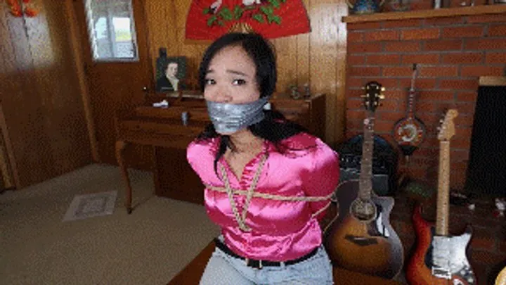 Hollyrope Omega - Raven Lynette cruelly wraparound tape gagged with mouth stuffed with her two socks and tightly tied up and hogtied, toes tied, by a stalker