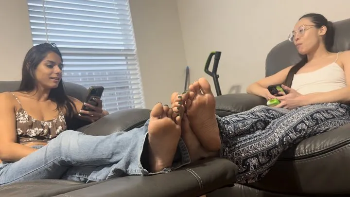 Rich Peruvians Footsie Adventures - Cute College Girls Misty Addams & Natasha Ty Play Barefoot Footsies on Couch | Jeans Feet | Asian Soles