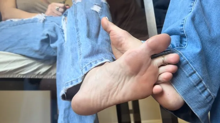 Rich Peruvians Footsie Adventures - Girls In Jeans Ama Rio & Natasha Ty Sit At Table Dangling Sandals & Play Footsies | Girls Playing Footsies | Barefoot Soles