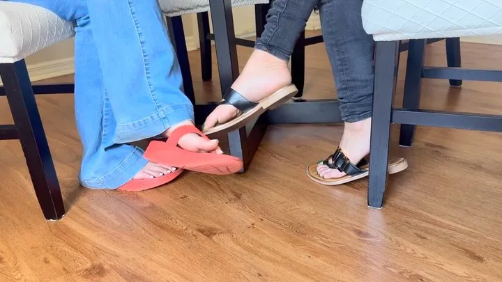 Rich Peruvians Footsie Adventures - College Girls Misty Addams & Natasha Ty Play Footsies Under Table While Studying | Girls Dangle Sandals | Asian & Indian Girls Barefoot Foot Play