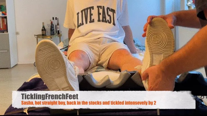 Tickling French Feet - Sacha, hot straight boy, back in the stocks and tickled intensively by 2 (FHD)
