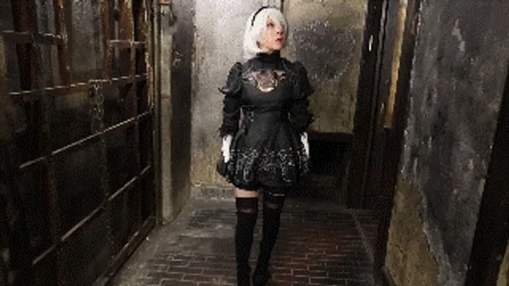 Hollyrope Omega - MADE IN JAPAN 28: Yui, a videogame cosplayer tied up and gagged in an abandoned tunnel wearing her 2B outfit