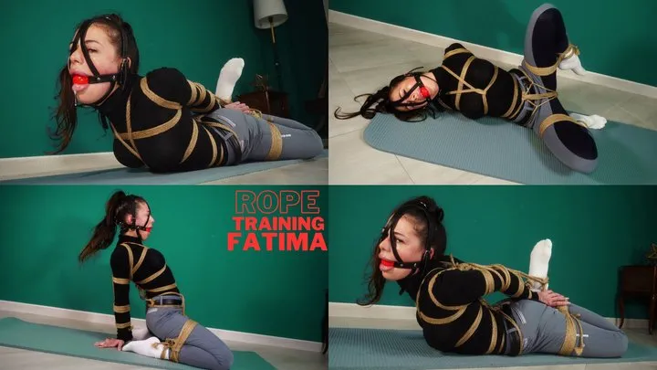 Alteregorey - Rope training Fatima 2 - Rey & Fatima - 4K - Horsewoman, rider outfit, tied with crotch rope and gagged with harness gag shows submission positions and is tied in a tight hogtie while enjoying and making sexy moans struggling