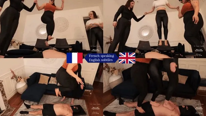 Mellemfootfetish - Trampling: 3 women jump on him - FOOT WORSHIP - TRAMPLING - SLAVE TRAINING - HUMAN FURNITURE - STOMPING - FEMDOM