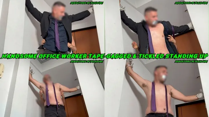 Sensations Of Pleasure - Handsome office worker tape-gagged and tickled standing up