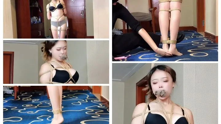 The Dream Of Bondage - Stand on tiptoe upright bondage Stockings used to gag vibrator stimulation foot tickling whipping