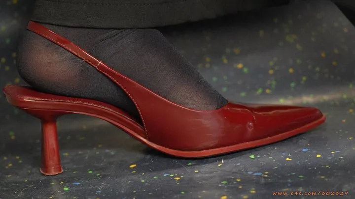 Footfetishamateur - Amazing nylon feet with sexy red high heel pointed sandals, foot fetish ignoring and admiration close-up.