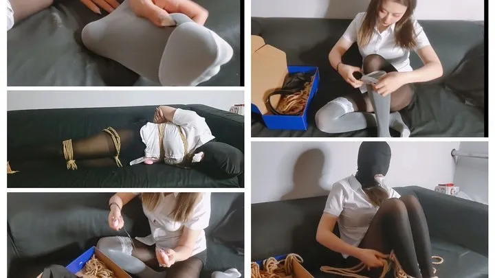The Dream Of Bondage - While I was working  my computer suddenly started playing BDSM videos This made me lose control of my desires  Since no one was in the office during my lunch break  I began to do my own thing ballgag bondage vibrator stockings hood foot fetish gag orgasm
