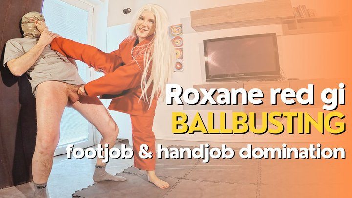 Martial Fetish - Roxane red gi ballbusting footjob and handjob domination