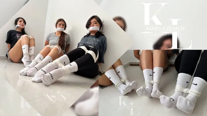 Kinky Lifestyle Pals - Three College Reporters got caught Snooping Around 2 - White Crew Socks, White OTM Gag, Jean Shorts, White Shirts, Sock over Pants
